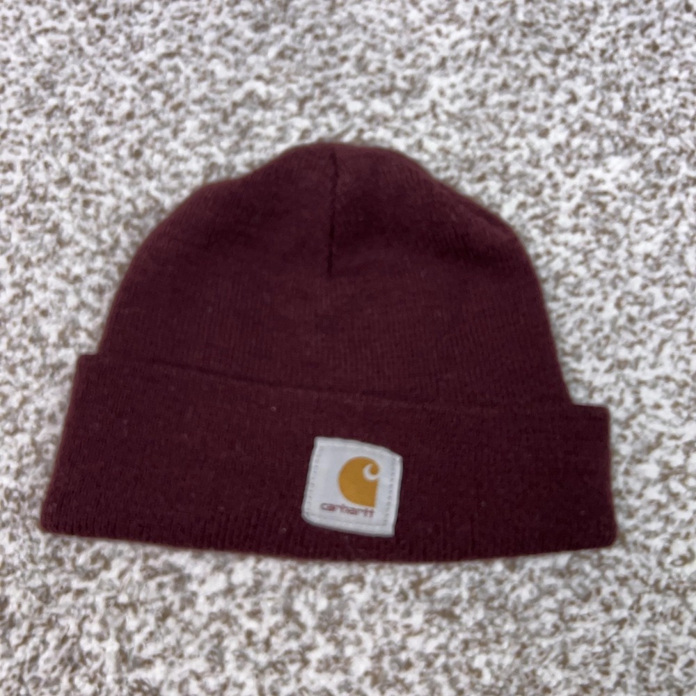 Carhartt Hat Beanie Mens One Size Red Cuffed Knit Logo Made USA Winter Workwear